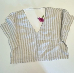 'Wear' by I Love Linen Beige & White Striped Pure Linen Crop Top - Size S/M - Picture 1 of 12