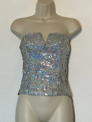 Nuevo con etiquetas H&M Top Halter Lentejuelas Plateadas Talla 6 Hadas Fiesta Evento Mod Disco Foto 1 de 4