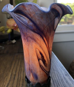 Purple & Brown Swirl Art Glass Ruffled Single Pendant Trumpet Flower LAMP SHADE - Picture 1 of 12