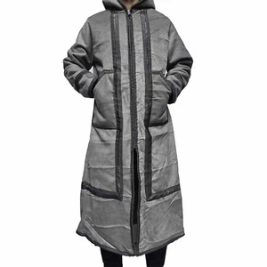 Winter Grey Hooded Suede Faux Fur Long Sleeves Cape Overcoat Jacket Baja - Picture 1 of 9