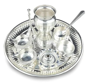 Pooja Thali Set Silver Plated 8 Inch for Festival Ethnic Puja Thali for Diwali - Picture 1 of 6