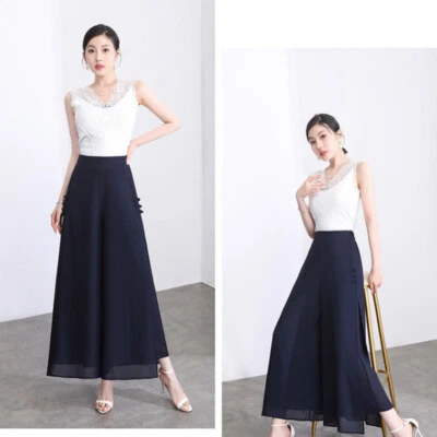 Chinese Lady Pants Wide Leg Chiffon Trousers Culottes High Waist Vintage Ethnic - Image 1 of 4