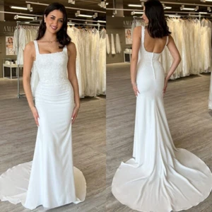 Square Neck Mermaid Wedding Dresses Applique Backless Buttons Satin Bridal Gowns - Picture 1 of 6