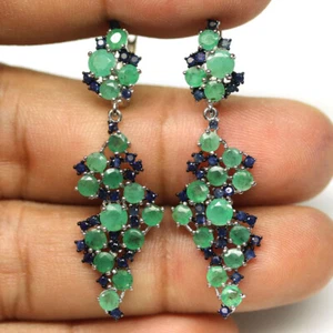 925 Sterling Silver Green Emerald & Blue Sapphire Earrings White Gold Plated - Picture 1 of 4