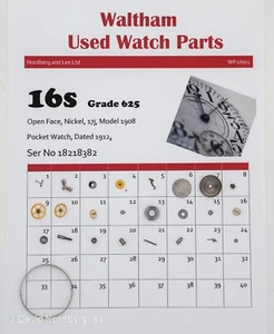 Piezas Reloj Waltham Usado 16/16S, Modelo 1908, Grado 625 Ser Nº 18218382   - Imagen 1 de 1