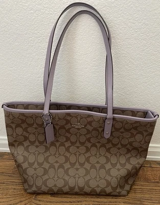 Coach Shoulder Tote Bag Signature City Zip PVC Canvas Lavender Brown 58292 - Image 1 of 4