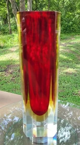 Jarrón geométrico rojo en ámbar dorado murano sommerso 10" vidrio artístico - Imagen 1 de 8