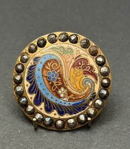 Vintage PAISLEY & FLORAL Enamel Button w/Cut Steels - 1-1/8" (Y7) - Picture 1 of 8