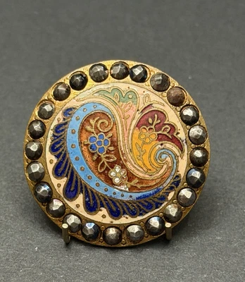 Vintage PAISLEY & FLORAL Enamel Button w/Cut Steels - 1-1/8" (Y7) - Image 1 of 4