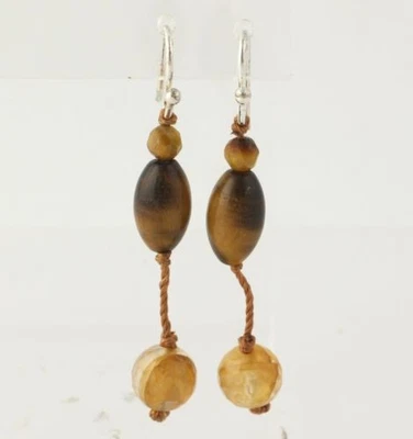 NEW Tigers Eye & Quartz Dangle Earrings - 925 Sterling Silver Brown Stone Beaded - Image 1 of 4