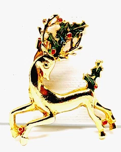 Vintage Rentier Brosche Weihnachten rote Stechpalme Beeren goldfarbene Emaille 1,5" x 2" - Bild 1 von 14