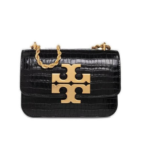 Borsa a tracolla Tory Burch Eleanor nuova con etichette in pelle di coccodrillo nera laminata catena oro