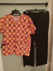Dickies Orange Halloween V Neck Scrub Top Bottom Set & Black Pants Medium Petite - Picture 1 of 4