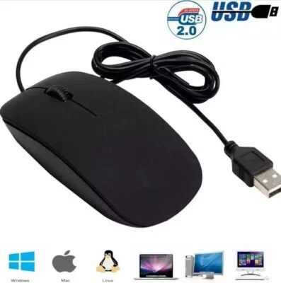 Optical Wired USB Mouse For Computer PC Laptop Acer Scroll Wheel Black Mice - Image 1 of 4