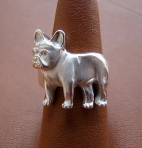 Sterling Silver French Bulldog Standing Study Ring - Picture 1 of 5