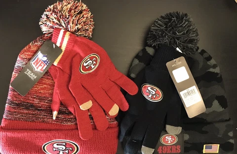 X2 NEW San Francisco 49ers Beanie Gloves Salute To Service Black Camo Red Gold Cover