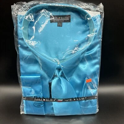 New Daniel Ellissa Mens Fashion Dress Shirt Blue Satin - Image 1 of 4