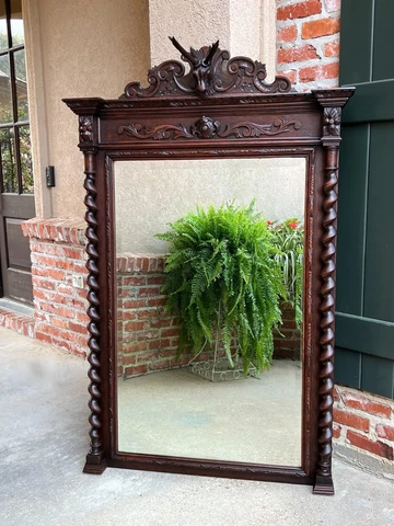 Antique French Pier Mantel Wall Mirror Black Forest Barley Twist Carved Stag Cover