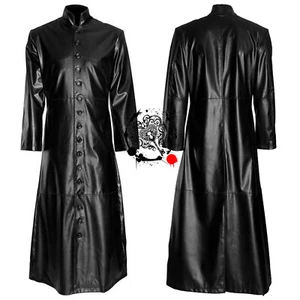Mens Gothic Preacher Long Coat - Black Trench PU Leather Coat w/ Button Up Desig - Picture 1 of 4