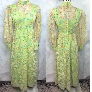 Maxi Vestido Vintage Años 60 1960 MOD 6 S Verde Gasa Flower Power Psicodélico Vestido - Imagen 1 de 22