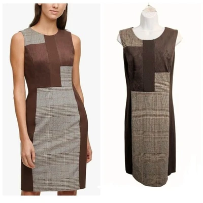 Vestido Vaina Calvin Klein Mixto Media Marrón Imitación Gamuza Tostado Cuadros Patrón 14 Foto 1 de 4