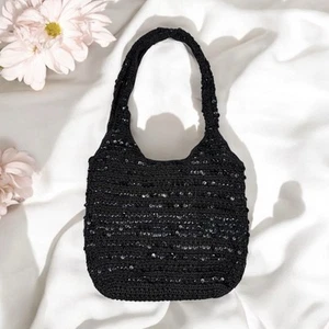 Black Crochet Sequin Mesh Tote Shoulder Bag Purse Boho Beach Hippie Travel Y2K - Picture 1 of 6