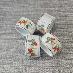Vintage 1978 Avon Strawberry Napkin Rings with Gold Trim Set of 4 Porcelain - Picture 1 of 5