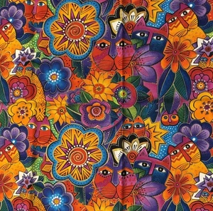 Laurel Burch Fantastic Felines bunte Blumen Katzenstoff 19,5 x 45 Zoll - Bild 1 von 2