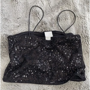 Women’s H&M Ribbed Crop Top Sequin Black Straps Sparkly Party Elegant Top - Picture 1 of 9