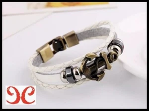 BRACCIALE UNISEX CINTURINO CUOIO E PLACCHETTA ACCIAIO CON ANCORA - Foto 1 di 1