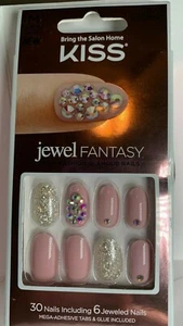 Kiss Nails Jewel Fantasy Glue or Press on Medium Pink Silver Glitter with jewel - Picture 1 of 2