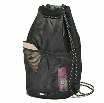 VICTORIA SECRET VS Pink Black Drawstring Weekend Tote Backpack Bag NEW  - Image 1 of 4