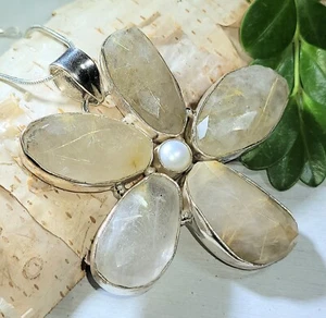Natural Huge Rutilated Quartz Sterling Silver Flower Pendant 2 1/2" 35gr N34 - Picture 1 of 2