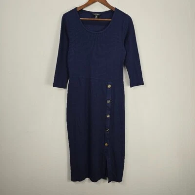 Lauren Ralph Lauren Dress Women 10 Navy Blue Ribbed Midi Gold Buttons Minimal - Image 1 of 4