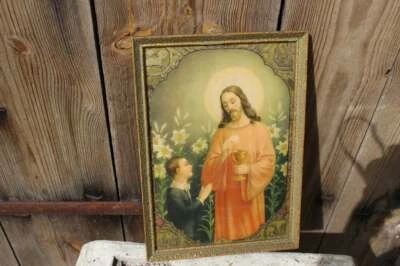 Heiligenbild Jesus Knabe Kelch Hausaltar Druck religiöse Kunst 30er 40er Jahre  - Bild 1 von 4