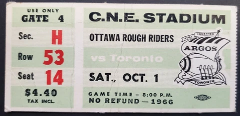 1966 C.N.E. Stadium Ottawa Rough Riders vs Toronto Argonauts CFL Football Ticket Cover