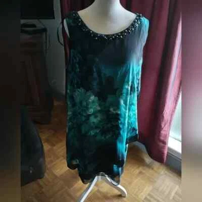 ¡Nuevo! Vestido de cóctel SL Fashions verde y azul con cuentas vestido floral talla 14 Foto 1 de 4