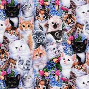 Stoff Katzen Kätzchen und Blumen Baumwolle DTEXTILIEN 1/4 Yard 2026 - Bild 1 von 5