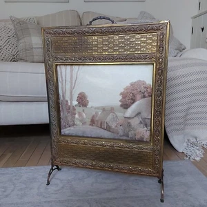 VINTAGE ANTIQUE FIRE GUARD SCREEN COVER BRASS SIGNED ERNEST EDUN FOIL ART RARE - Picture 1 of 23