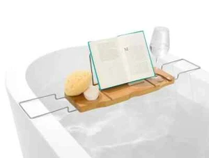 Bamboo Bath Caddy Wine Glass Book Tablet iPad Holder Tray Bathtub Expanding Arms - Picture 1 of 3