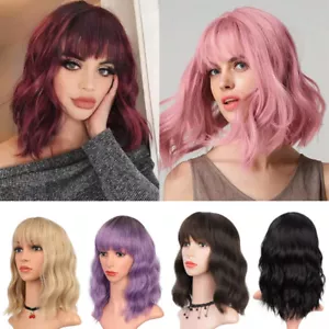 Curly Wig Lady Role Play Colorful Natural Bob with Bangs Short Wavy Hair Party - Picture 1 of 16