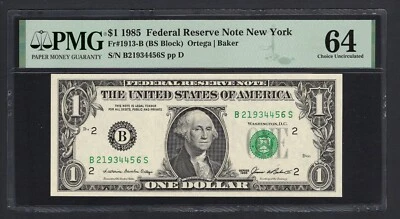 United States-Federal Reserve One Dollar 1985 Fr#1913-B (BS Block) UNC Grade 64 - Image 1 of 2