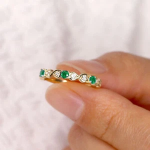 14k Natural Emerald Wedding Band - Picture 1 of 7