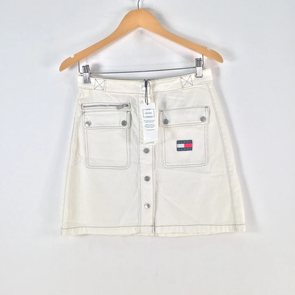 NUEVO Tommy Jeans Mujer Falda 27 Blanco Algodón Línea A Mini Denim Botón 111993 Foto 1 de 4