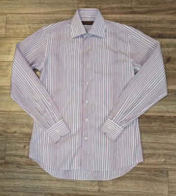 Etro Milano Mens Blue Pink Striped Spread Collar Button Up Dress Shirt - 39 EUC - Image 1 of 4