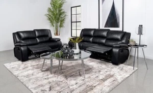 2 PC BLACK FAUX LEATHER RECLINING SOFA GLIDING LOVESEAT FURNITURE SET - Picture 1 of 19