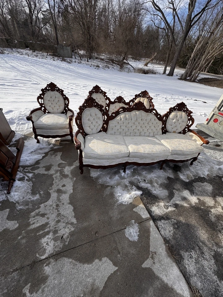 Carved Brown Wooden Antique Large Long Sofa Couch With Loveseat & Chair - Image 1 of 4