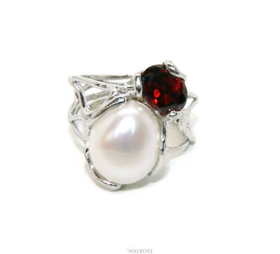 Anello vero argento 925 regolabile perla barocca naturale granato rosso donna - Immagine 1 di 4
