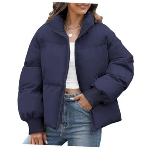 Womens Cropped Puffer Jacket Winter Warm Quilted Jackets Baggy X-Large Navy - Picture 1 of 7