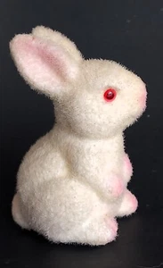 Vintage fuzzy flocked mohair white Easter bunny rabbit figurine pinkeyes kitsch - Picture 1 of 9